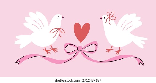 Pombas brancas vetoras com arcos para o Dia dos Namorados ou cartão de casamento ou convite. Elementos de design para convite, banner ou cartão postal em estilo doodle.