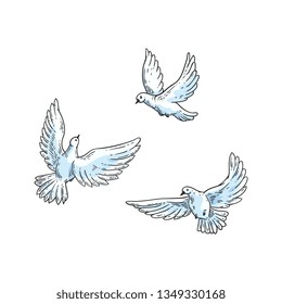 Vector white doves, pegions sketch icon set. Hand drawn flying animals. Sign of peace and purilty. White birds flying in sky. Hope and love symbol. Isolated illustration