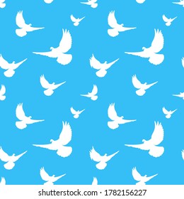 Vector white doves seamless pattern on a blue background. wedding, birthday, mother's day, father's day Romantic background. 