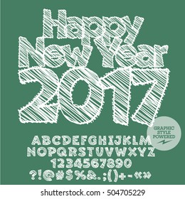 Vector white drawn Happy New Year 2017 greeting card with set of letters, symbols and numbers. File contains graphic styles