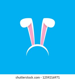 Vector white easter bunny funky mask with rabbit ears isolated on blue background. Kids mask for easter party