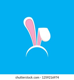 Vector white easter bunny funky mask with rabbit ears isolated on blue background. Kids mask for easter party