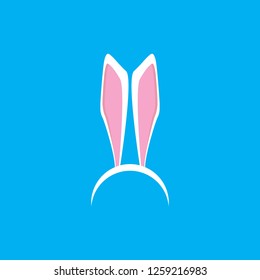 Vector white easter bunny funky mask with rabbit ears isolated on blue background. Kids mask for easter party