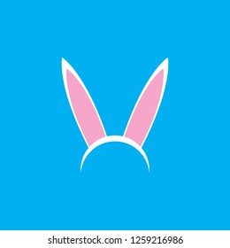 Vector white easter bunny funky mask with rabbit ears isolated on blue background. Kids mask for easter party