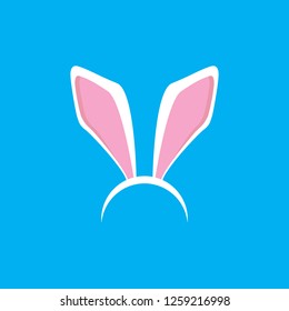 Vector white easter bunny funky mask with rabbit ears isolated on blue background. Kids mask for easter party