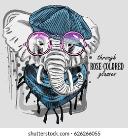 Vector white elephant with cap and pink glasses. Hand drawn illustration of dressed dog. Optimist.