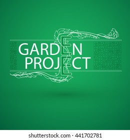 Vector white emblem on green background. Stylized  branch arranged in words Garden project and stone tile.  Logo for park or gardening business, organization or website.