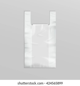 Vector White Empty Disposable Plastic Shopping Bag with Handles Close up Isolated on Background