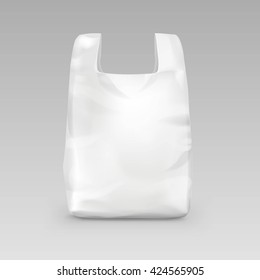 Vector White Empty Disposable Plastic Shopping Bag with Handles Close up Isolated on Background
