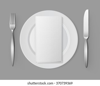 Vector White Empty Flat Round Plate with Silver Fork and Knife and White Folded Rectangular Napkin Top View Isolated on Background. Table Setting