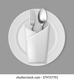 Vector White Empty Flat Round Plate with Silver Fork and Spoon and White Folded Envelope Napkin Top View Isolated on Background. Table Setting