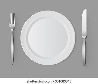 Vector White Empty Flat Round Plate with Fork and Knife Top View Isolated on Background. Table Setting