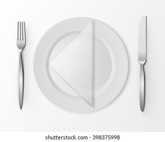 Vector White Empty Flat Round Plate with Silver Fork and Knife and White Folded Triangular Napkin Top View Isolated on White Background. Table Setting