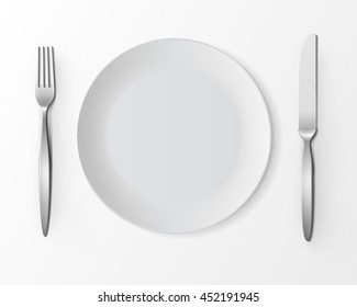 Vector White Empty Round Plate With Fork And Knife Top View Isolated On White Background. Table Setting