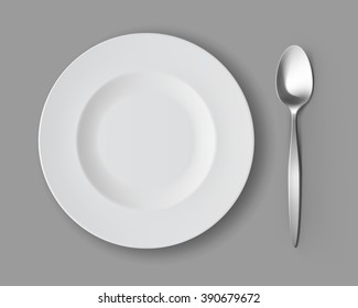 Vector White Empty Round Soup Plate with Silver Table Spoon Top View Isolated on Background. Table Setting