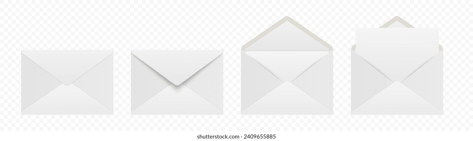 Vector White Envelopes with Blank Letter. Folded, Unfolded Isolated Envelope Set. Design Template. Message, Notification, Mailing, Surprise and Congratulations Concept