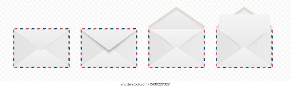 Vector White Envelopes with Blank Letter. Folded, Unfolded Isolated Envelope Set. Design Template. Message, Notification, Mailing, Surprise and Congratulations Concept