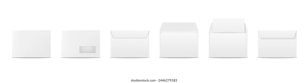 Vector White Envelopes with Blank Letter. Folded, Unfolded Isolated Envelope Set. Design Template. Message, Notification, Mailing, Surprise and Congratulations Concept