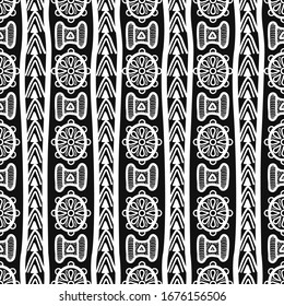 vector white ethnic doodle oval and triangle with vertical lines seamless pattern on black