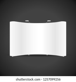 vector white exhibition trade show POS POW booth mock up blank brand press wall banner realistic illustration with shadow template design isolated on dark background
