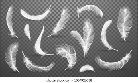 Colección de plumas blancas vectoras, conjunto de diferentes plumas giradas de caída esponjosas, aisladas sobre fondo transparente. Estilo realista, ilustración vectorial 3d.