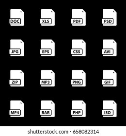 Vector white file type icons set on black background