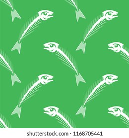 Vector White Fish Bone Skeleton Seamless Pattern Isolated on Green Background. Sea Fishes Icons.