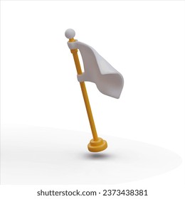 Vector white flag on yellow stand. Cute game illustration. Lost battle, surrender. Symbol of loss. Stop battle, online competition. Web design. Need help