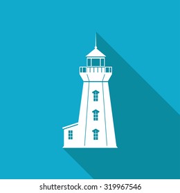 Vector white flat lighthouse icon on blue background 