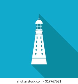 Vector white flat lighthouse icon on blue background 