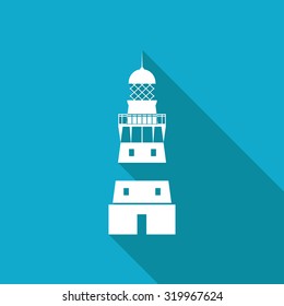 Vector white flat lighthouse icon on blue background 