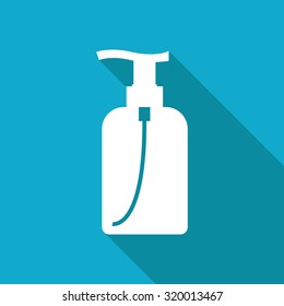 Vector White Flat Liquid Soap Bottle On Blue Background . Cosmetic Icon 