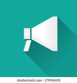 vector white flat megaphone icon on azure background with long shadow