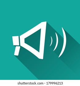 vector white flat megaphone icon on blue with long shadow