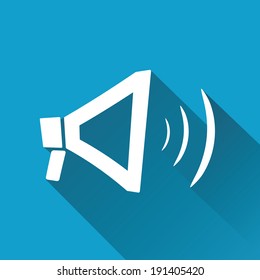 vector white flat megaphone icon on blue background with long shadow