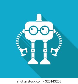 Vector white flat retro robot toy icon on blue background 