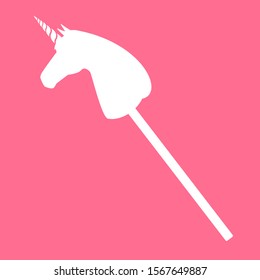 Vector white flat riding hobby horse unicorn silhouette isolated on pink background