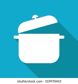 Vector white flat saucepan icon on blue background 