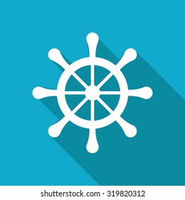 Vector white flat steering wheel icon on blue background 