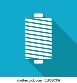 Vector white flat tailor thread bobbin icon on blue background 