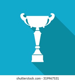 Vector white flat trophy goblet icon on blue background . Winner award 