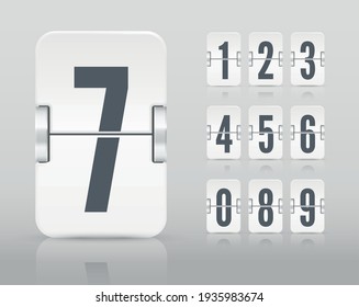 Vector white flip scoreboard template with numbers and reflections for white countdown timer or calendar isolated on light background.