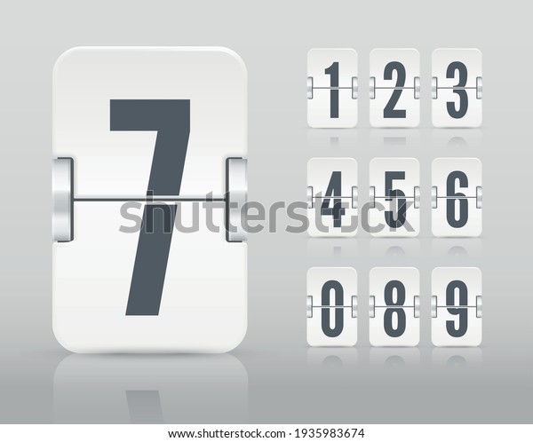 Vector white flip scoreboard template with\
numbers and reflections for white countdown timer or calendar\
isolated on light\
background.