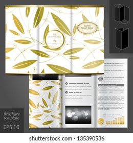 Vector white floral brochure template design with golden leaves. EPS 10