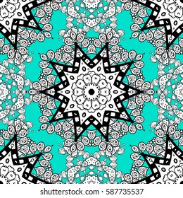 Vector white floral ornament brocade textile and glass pattern. White with floral pattern. Seamless pattern. Blue background with white elements.