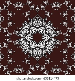 Vector white floral ornament brocade textile and glass pattern. Brown background with white elements. White with floral pattern. Seamless pattern.