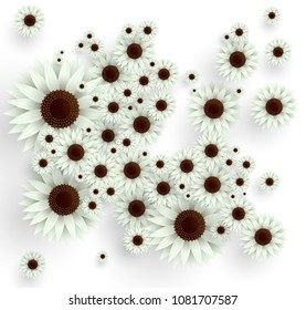 Vector white flowers illustration. 3D floral background. Spring print.