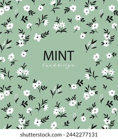 Vector white flowers on mint background. Floral frame with place for text. Design for herbal tea, natural cosmetics, perfume, health care products, homeopathy, aromatherapy. Botanical card design