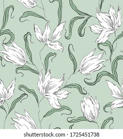 vector white flowers pattern on green background