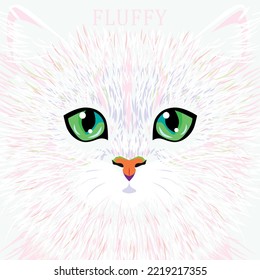 Vector white fluffy cat with green eyes. Beautiful kitty.